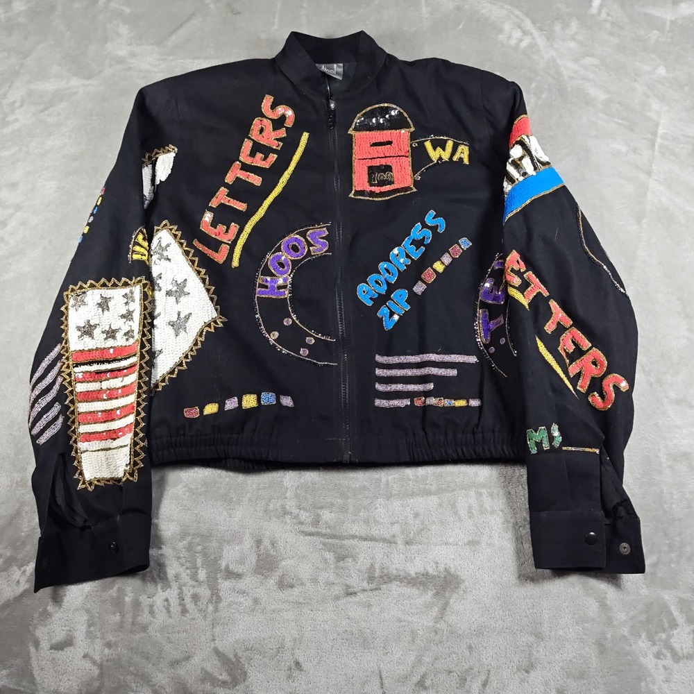 Vintage MODI Jacket Womens Small Black Sequin Beaded Letters USA Full Zip 90s